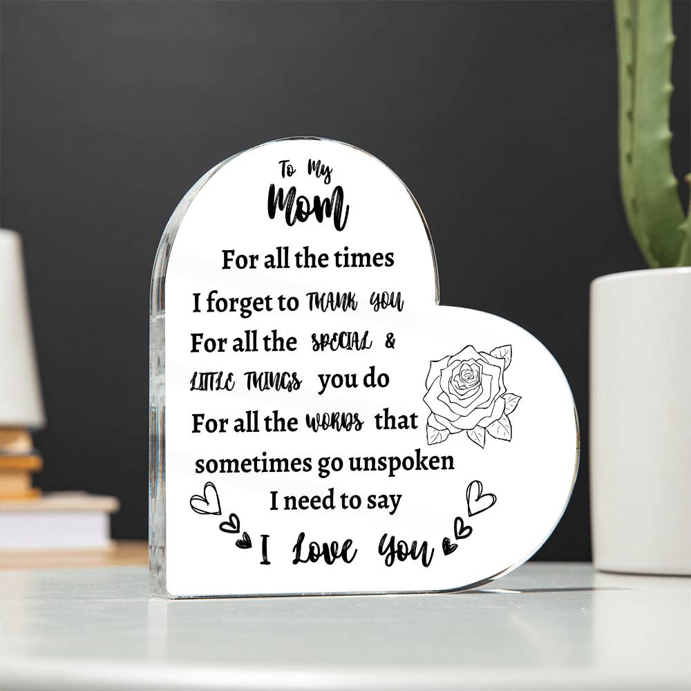 I Love You Mom Acrylic Keepsake - Perfect Mother's Day, Birthday Gift from Son or Daughter - Cute Decorations and Sentimental Reminder of Your Love