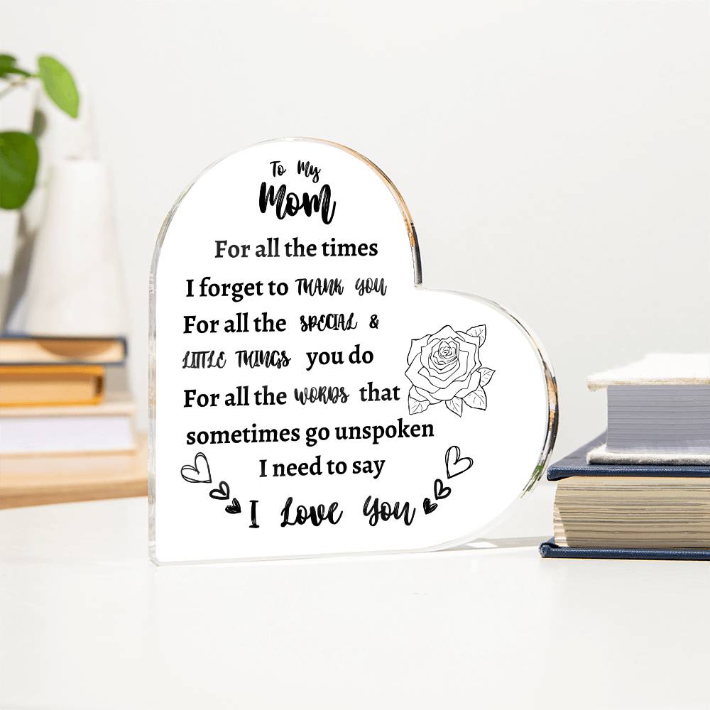 I Love You Mom Acrylic Keepsake - Perfect Mother's Day, Birthday Gift from Son or Daughter - Cute Decorations and Sentimental Reminder of Your Love