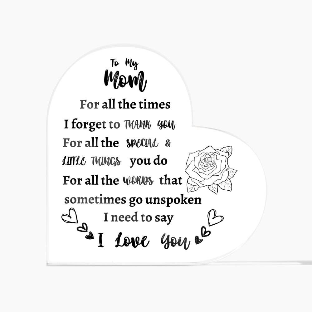 I Love You Mom Acrylic Keepsake - Perfect Mother's Day, Birthday Gift from Son or Daughter - Cute Decorations and Sentimental Reminder of Your Love
