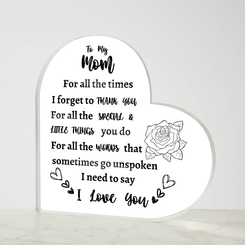 I Love You Mom Acrylic Keepsake - Perfect Mother's Day, Birthday Gift from Son or Daughter - Cute Decorations and Sentimental Reminder of Your Love