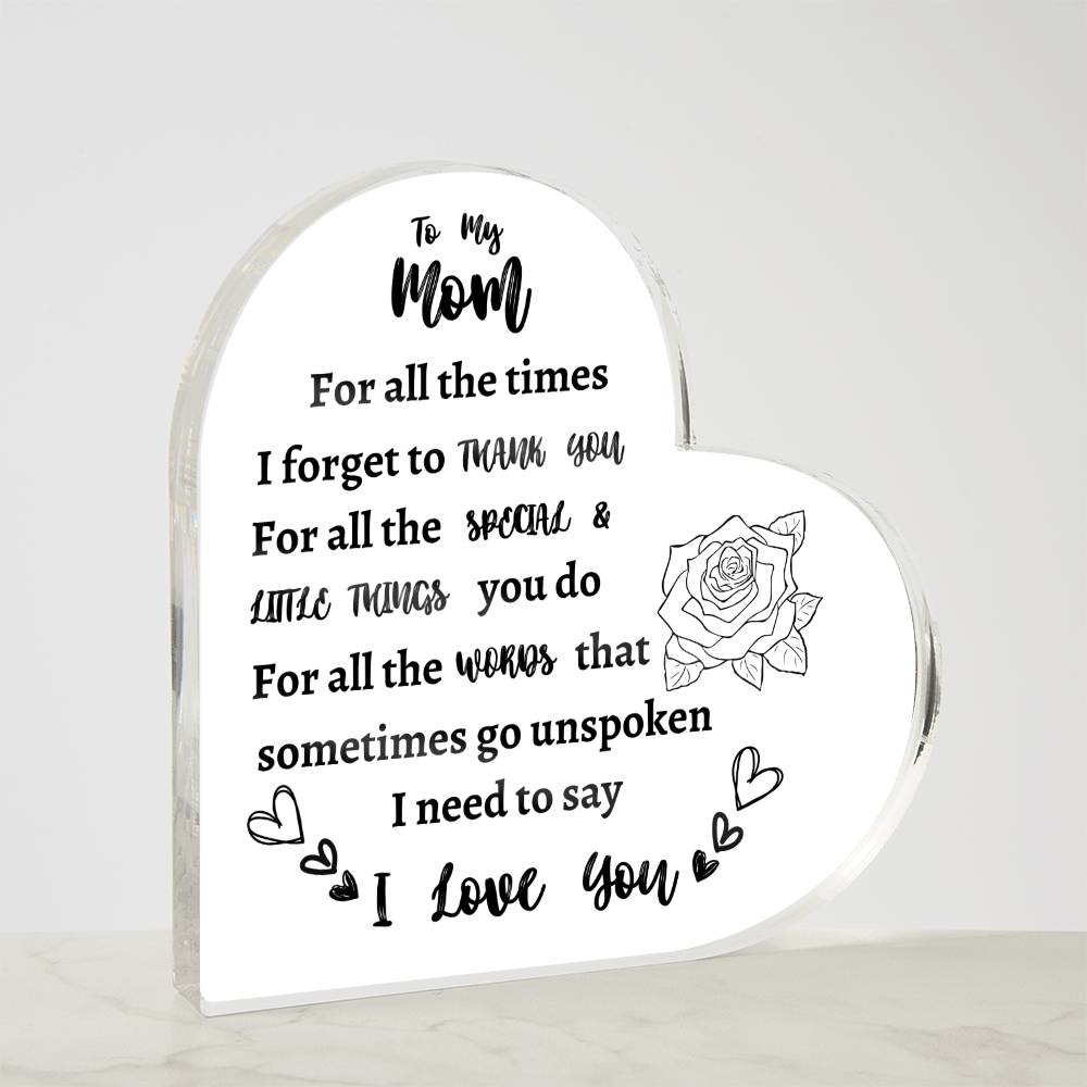 I Love You Mom Acrylic Keepsake - Perfect Mother's Day, Birthday Gift from Son or Daughter - Cute Decorations and Sentimental Reminder of Your Love
