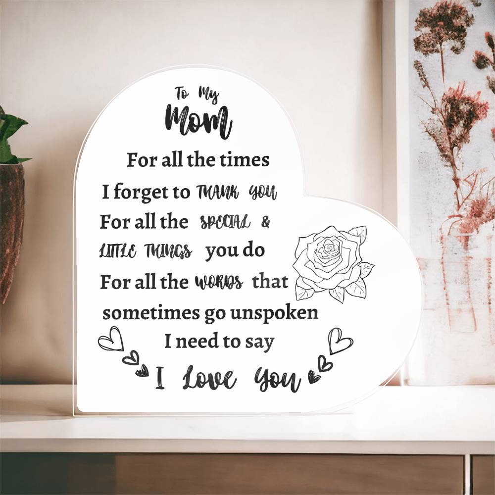 I Love You Mom Acrylic Keepsake - Perfect Mother's Day, Birthday Gift from Son or Daughter - Cute Decorations and Sentimental Reminder of Your Love