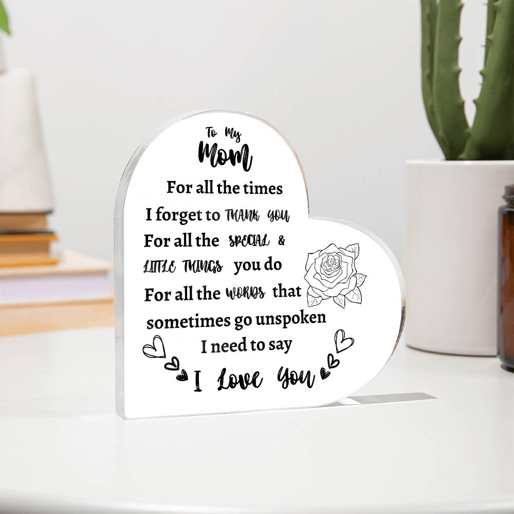 I Love You Mom Acrylic Keepsake - Perfect Mother's Day, Birthday Gift from Son or Daughter - Cute Decorations and Sentimental Reminder of Your Love